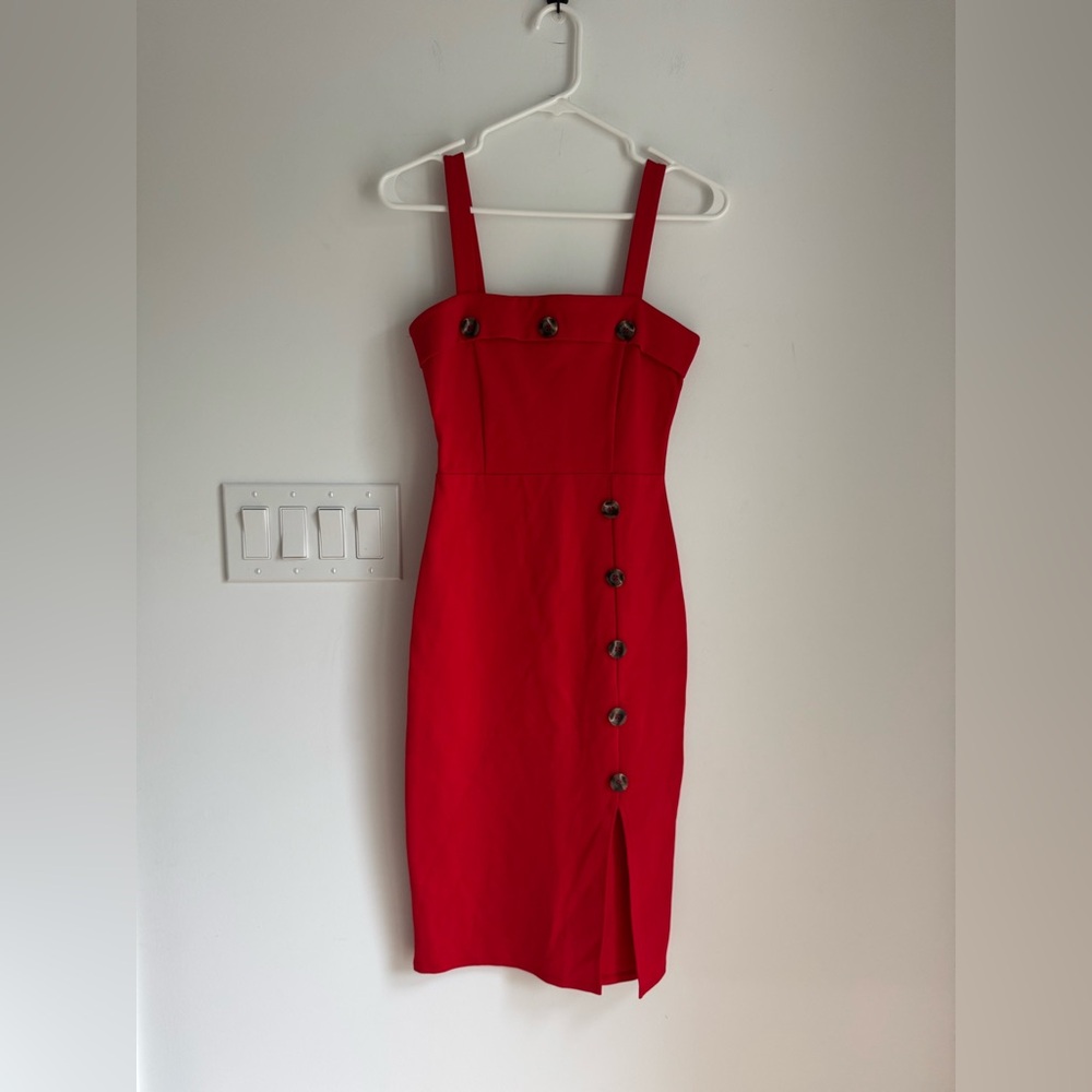 Stella Luce Dress Sexy Red Midi Button Accent Leg Slit Sleeveless Cocktail Party